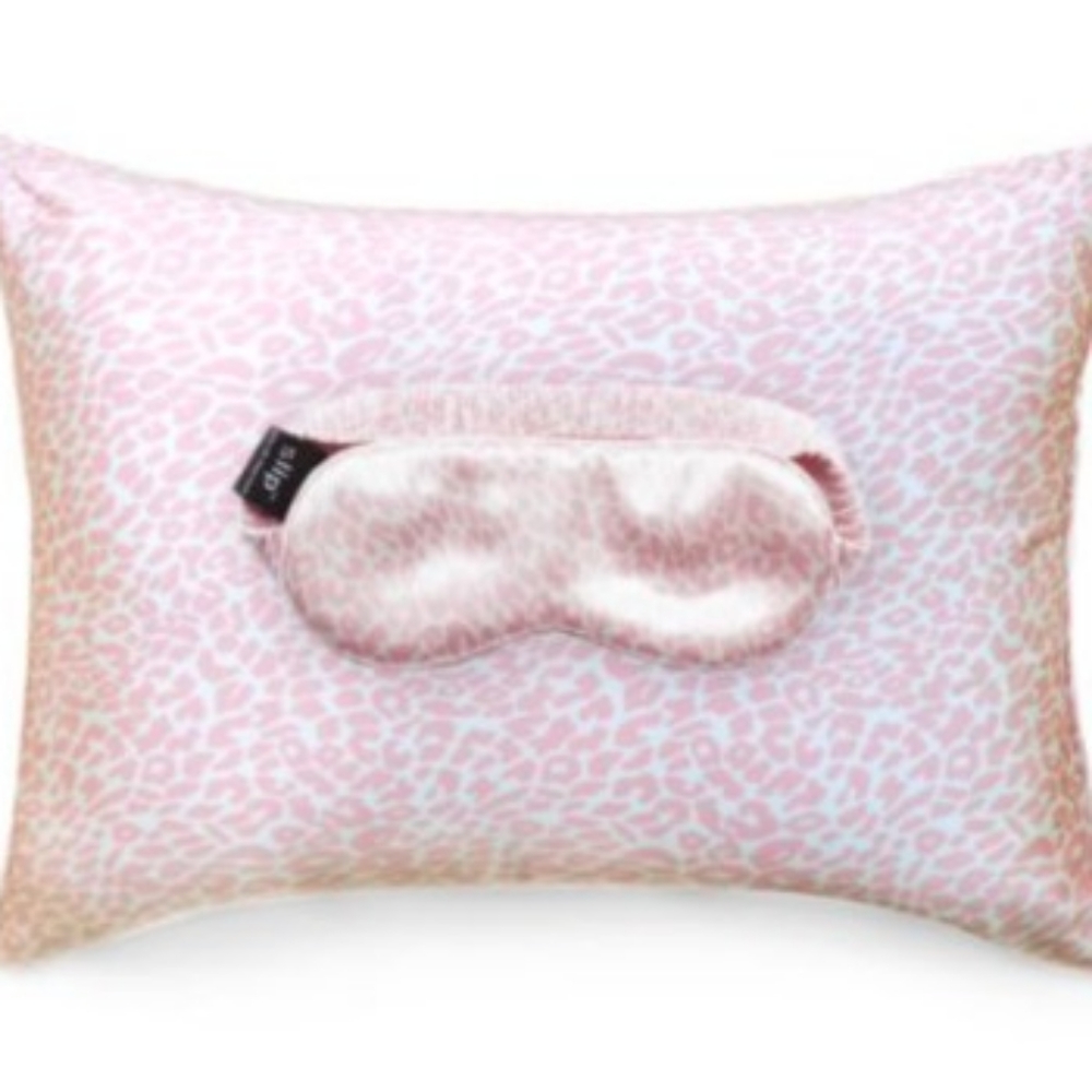 SOLD - SlipSilk Pink Snow Leopard Travel Pillow w/Case Eye & Sleep Mask New